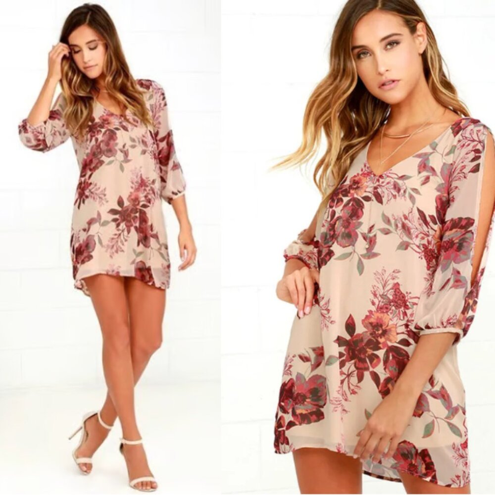 Lulus Shifting Dears Floral‎ Shift Dress Cut Out Sleeve Beige Cream Mini Large